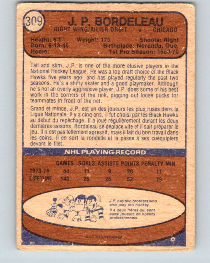 1974-75 O-Pee-Chee #309 J.P. Bordeleau Chicago Blackhawks V4966