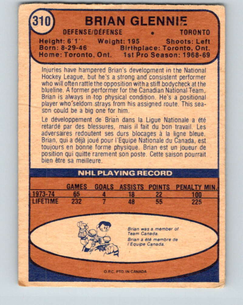 1974-75 O-Pee-Chee #310 Brian Glennie Toronto Maple Leafs V4968