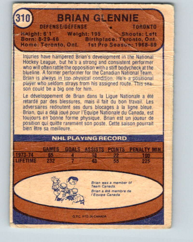 1974-75 O-Pee-Chee #310 Brian Glennie Toronto Maple Leafs V4969