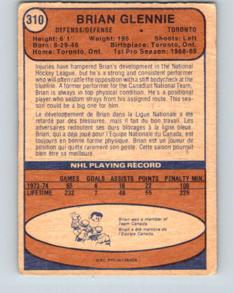 1974-75 O-Pee-Chee #310 Brian Glennie Toronto Maple Leafs V4970