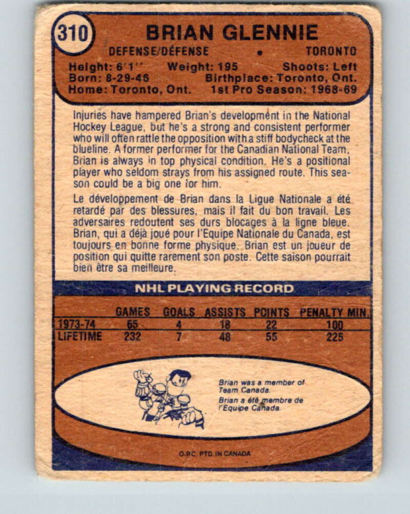 1974-75 O-Pee-Chee #310 Brian Glennie Toronto Maple Leafs V4972
