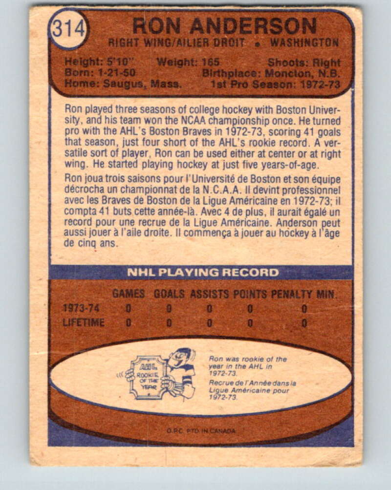 1974-75 O-Pee-Chee #314 Ron Anderson RC Rookie Washington Capitals V4979