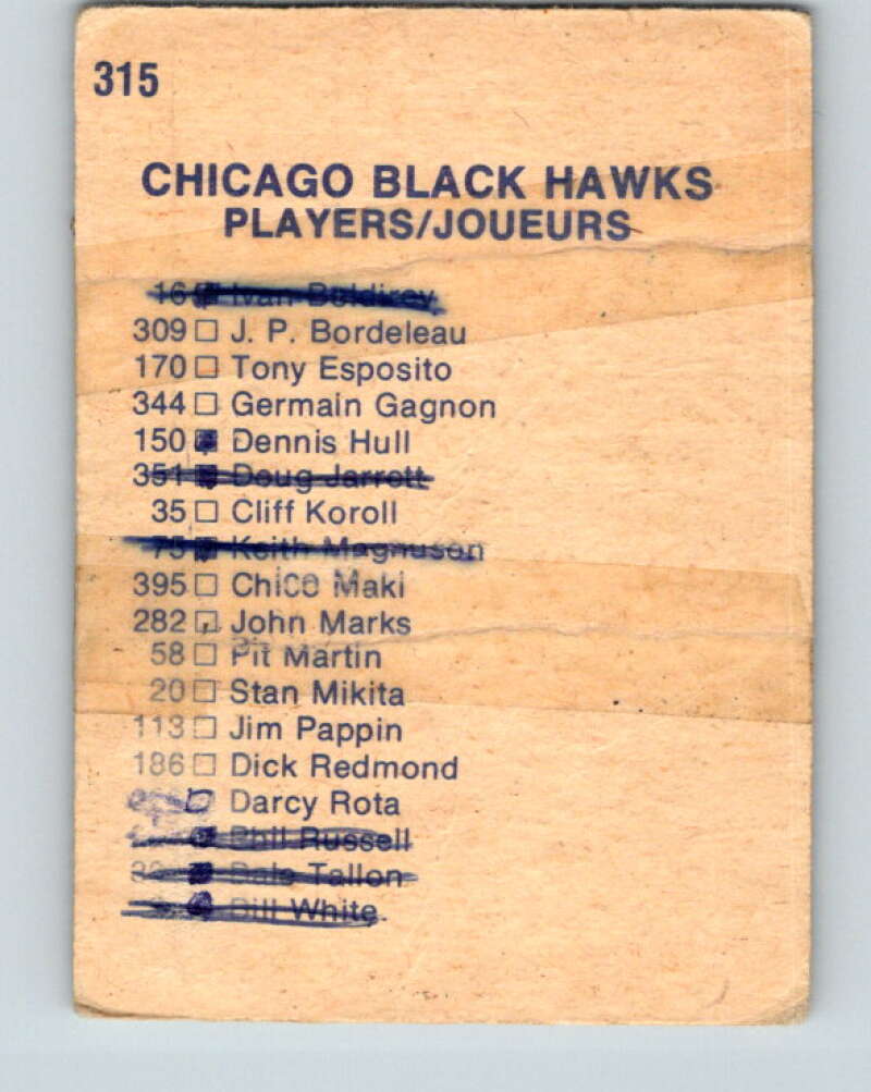 1974-75 O-Pee-Chee #315 Chicago Blackhawks TC Chicago Blackhawks V4980