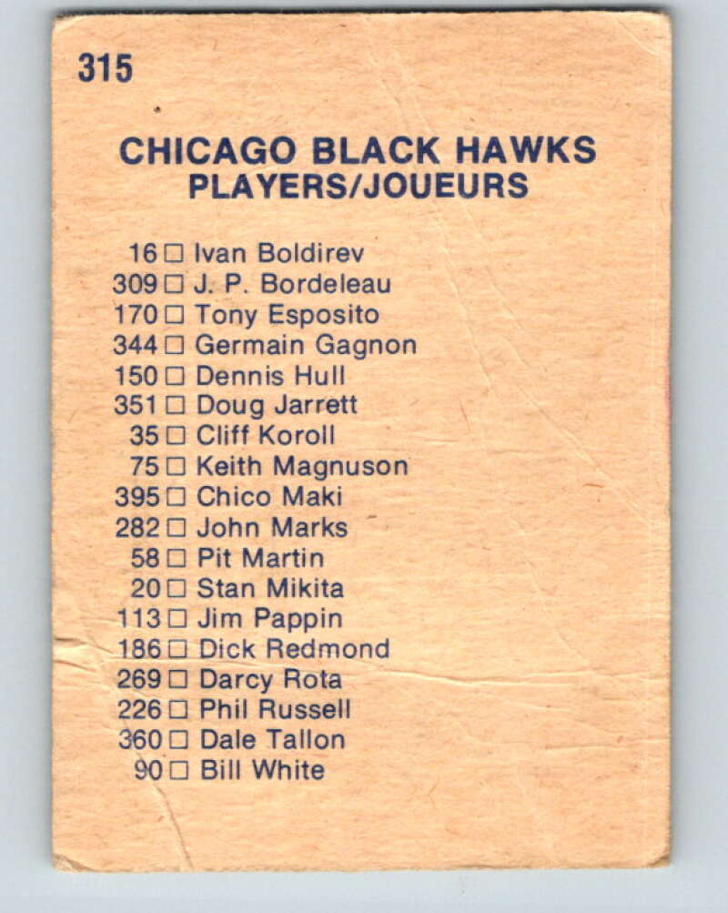 1974-75 O-Pee-Chee #315 Chicago Blackhawks TC Chicago Blackhawks V4981