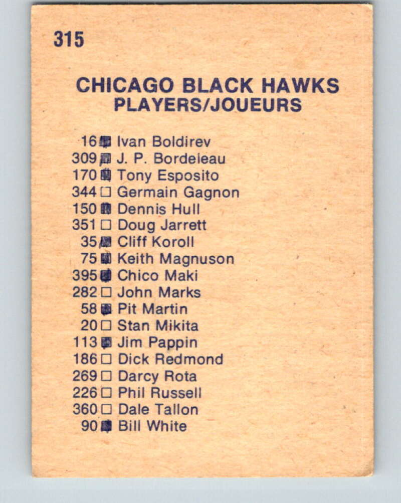1974-75 O-Pee-Chee #315 Chicago Blackhawks TC Chicago Blackhawks V4982