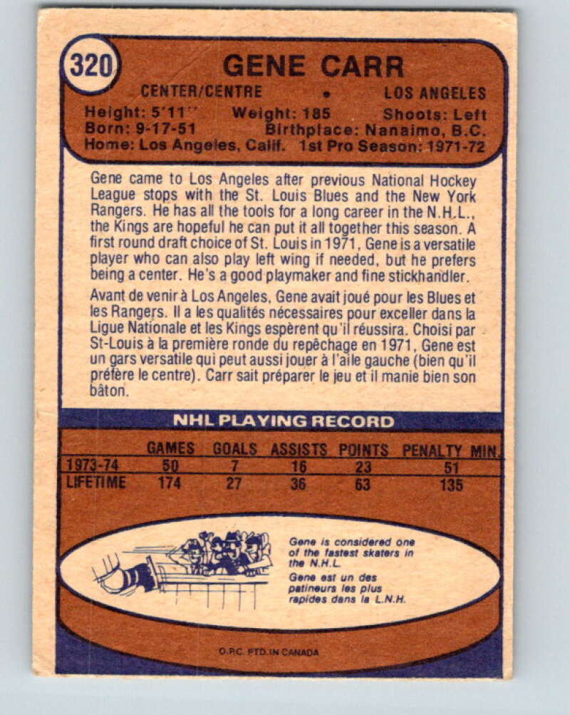 1974-75 O-Pee-Chee #320 Gene Carr RC Rookie Los Angeles Kings V4986