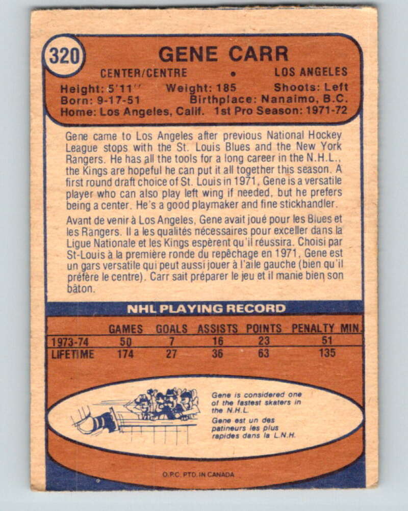 1974-75 O-Pee-Chee #320 Gene Carr RC Rookie Los Angeles Kings V4987