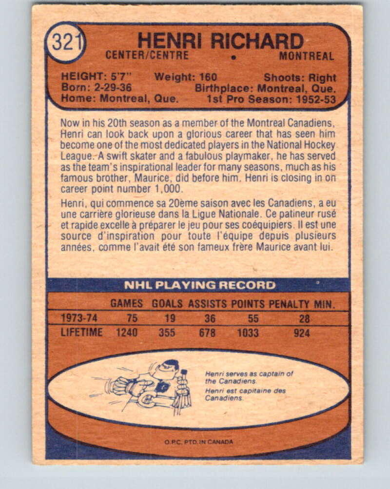 1974-75 O-Pee-Chee #321 Henri Richard Montreal Canadiens V4988