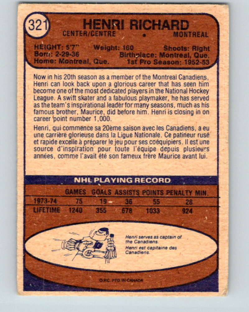 1974-75 O-Pee-Chee #321 Henri Richard Montreal Canadiens V4989