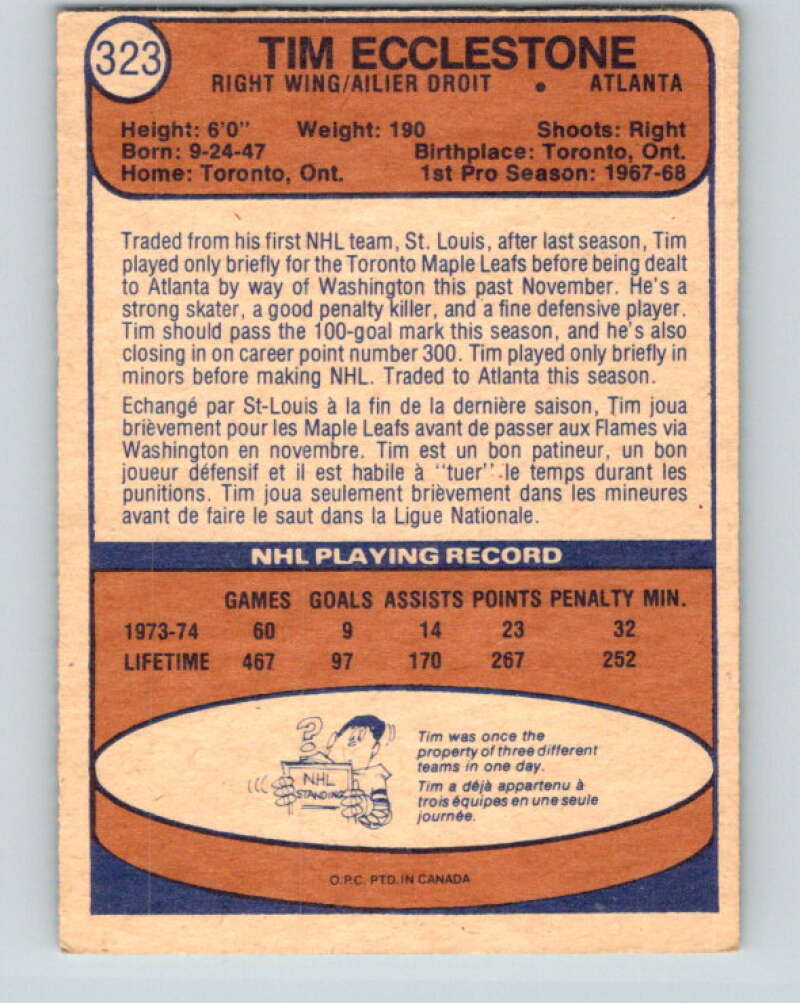 1974-75 O-Pee-Chee #323 Tim Ecclestone Toronto Maple Leafs V4990