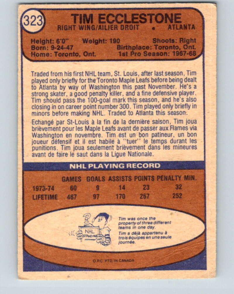 1974-75 O-Pee-Chee #323 Tim Ecclestone Toronto Maple Leafs V4991