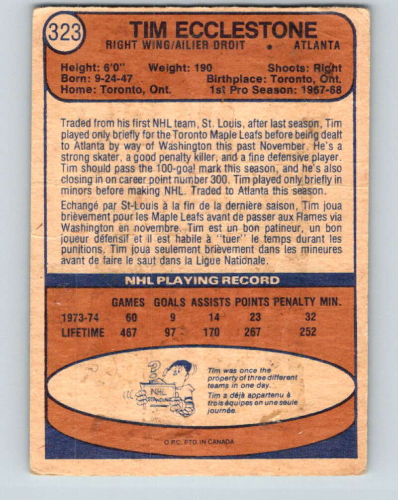 1974-75 O-Pee-Chee #323 Tim Ecclestone Toronto Maple Leafs V4992