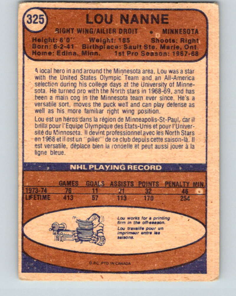 1974-75 O-Pee-Chee #325 Lou Nanne Minnesota North Stars V4995