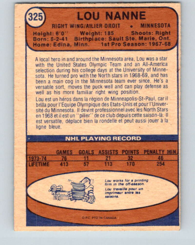 1974-75 O-Pee-Chee #325 Lou Nanne Minnesota North Stars V4996