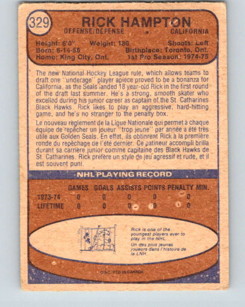1974-75 O-Pee-Chee #329 Rick Hampton RC Rookie California Golden Seals V5001