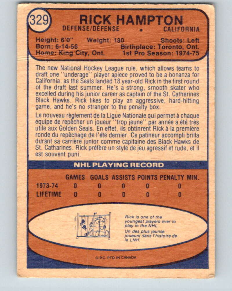 1974-75 O-Pee-Chee #329 Rick Hampton RC Rookie California Golden Seals V5002