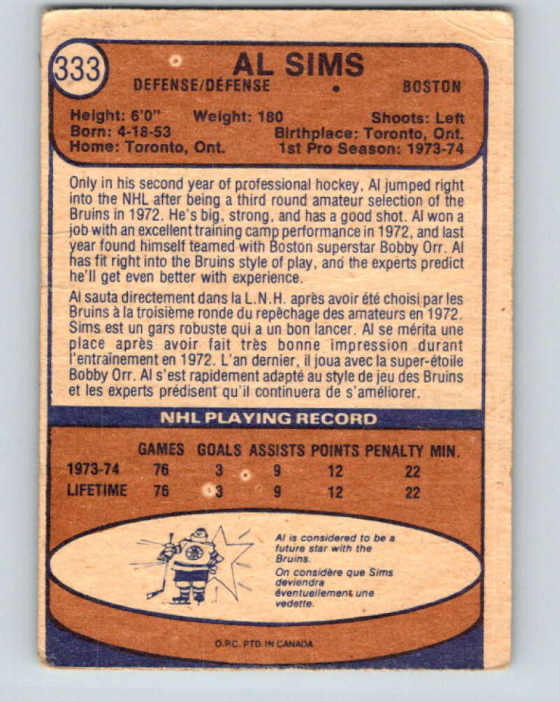 1974-75 O-Pee-Chee #333 Al Sims RC Rookie Boston Bruins V5008