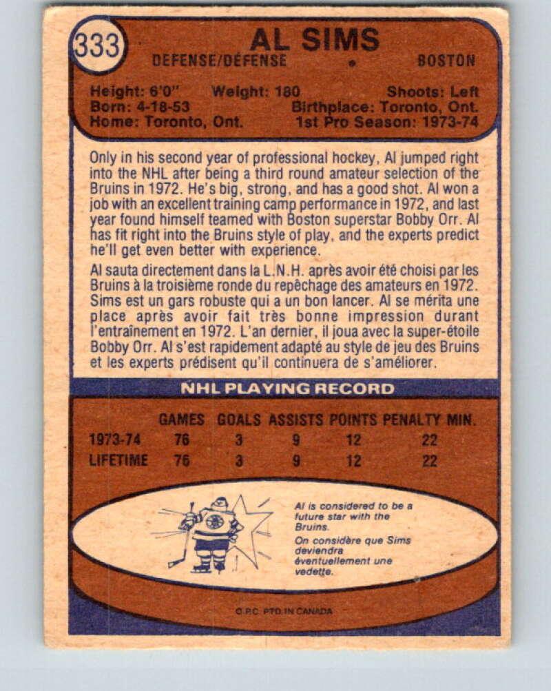 1974-75 O-Pee-Chee #333 Al Sims RC Rookie Boston Bruins V5009