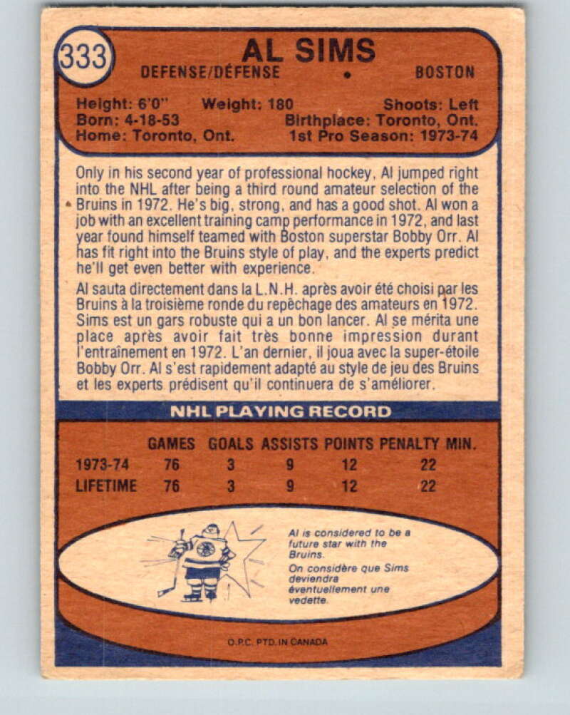 1974-75 O-Pee-Chee #333 Al Sims RC Rookie Boston Bruins V5011