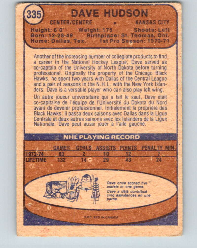 1974-75 O-Pee-Chee #335 Dave Hudson Kansas City Scouts V5013