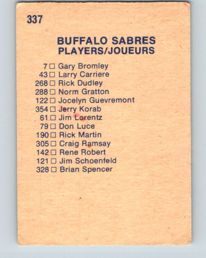 1974-75 O-Pee-Chee #337 Buffalo Sabres TC Buffalo Sabres V5015