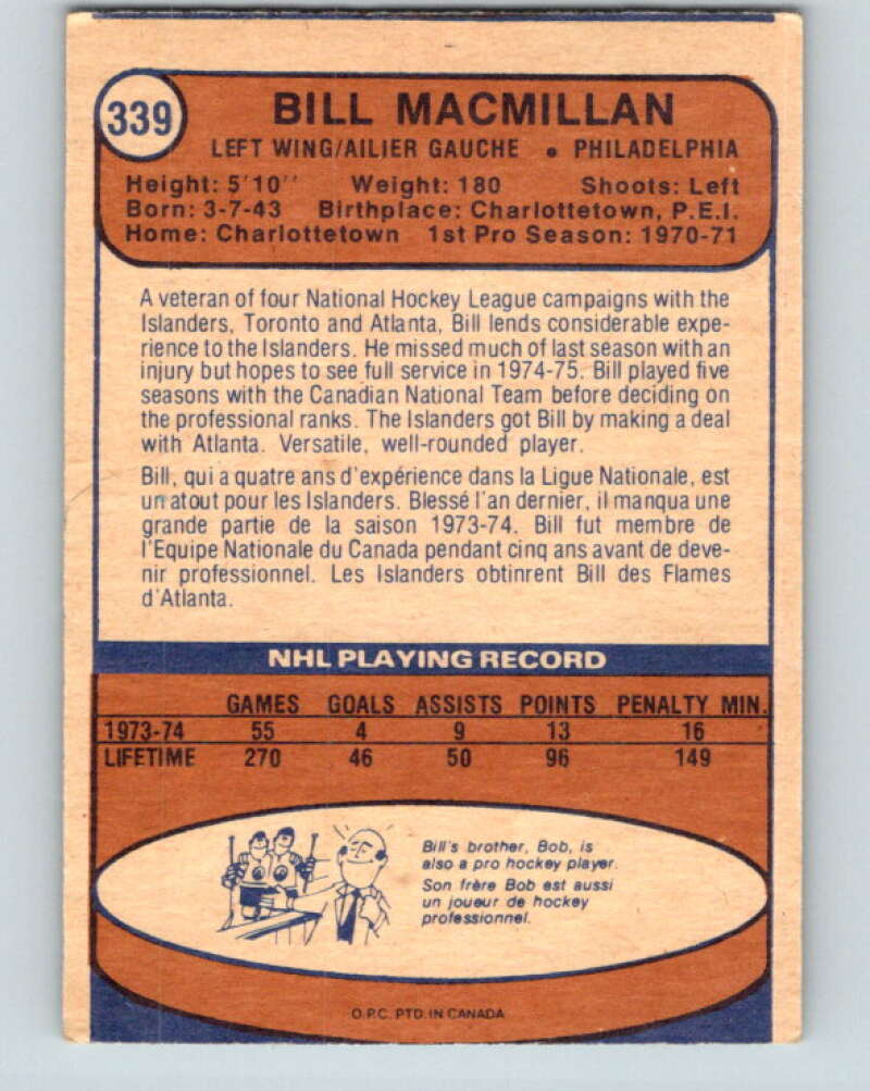 1974-75 O-Pee-Chee #339 Bill MacMillan New York Islanders V5017