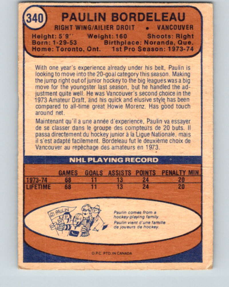 1974-75 O-Pee-Chee #340 Paulin Bordeleau RC Rookie Vancouver Canucks V5018