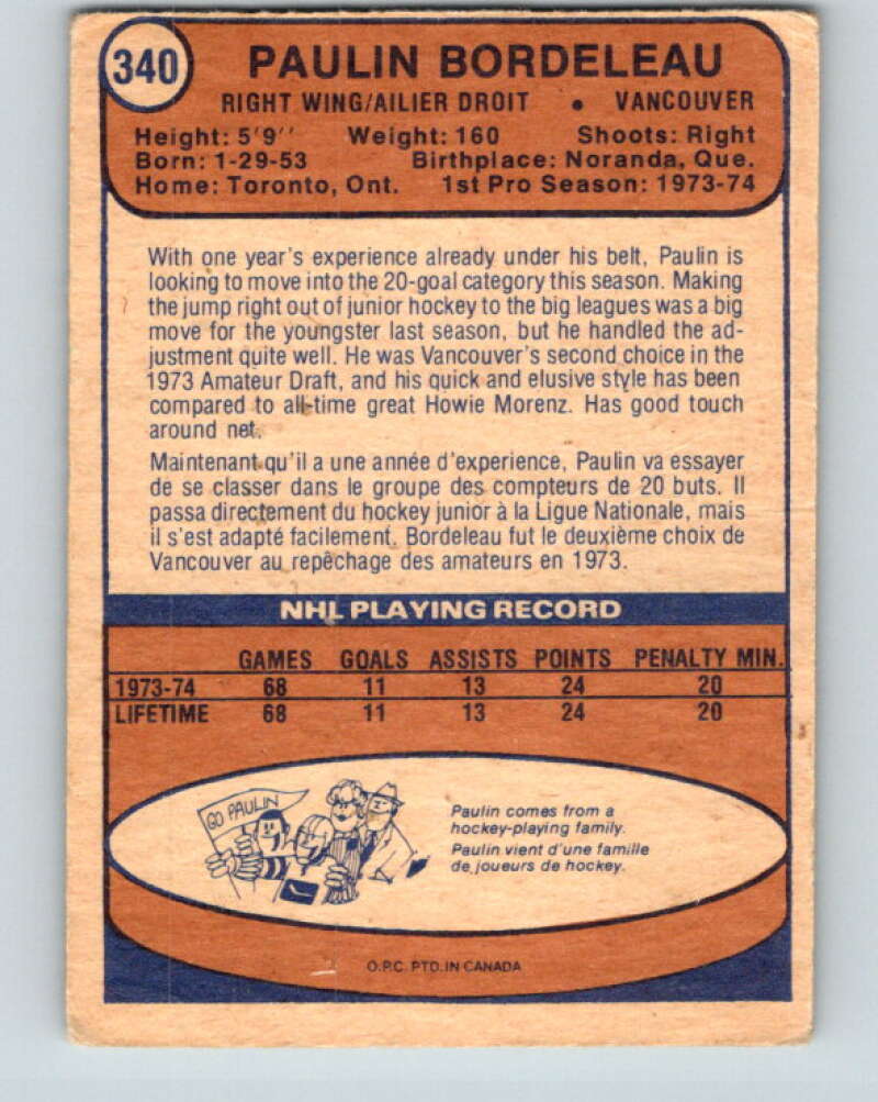 1974-75 O-Pee-Chee #340 Paulin Bordeleau RC Rookie Vancouver Canucks V5019