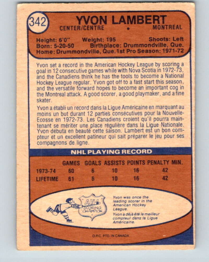 1974-75 O-Pee-Chee #342 Yvon Lambert RC Rookie Montreal Canadiens V5024
