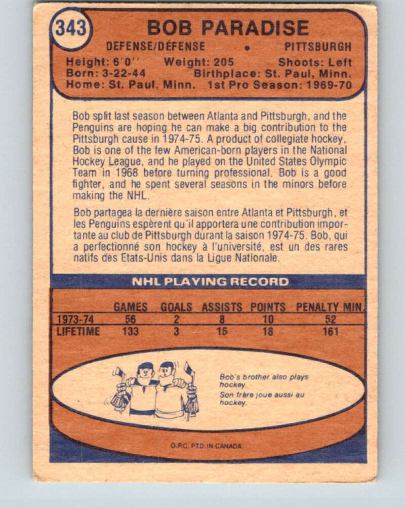 1974-75 O-Pee-Chee #343 Bob Paradise RC Rookie Pittsburgh Penguins V5025