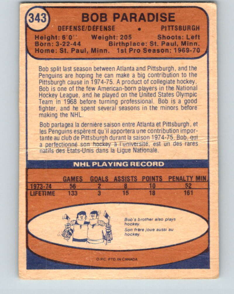 1974-75 O-Pee-Chee #343 Bob Paradise RC Rookie Pittsburgh Penguins V5026