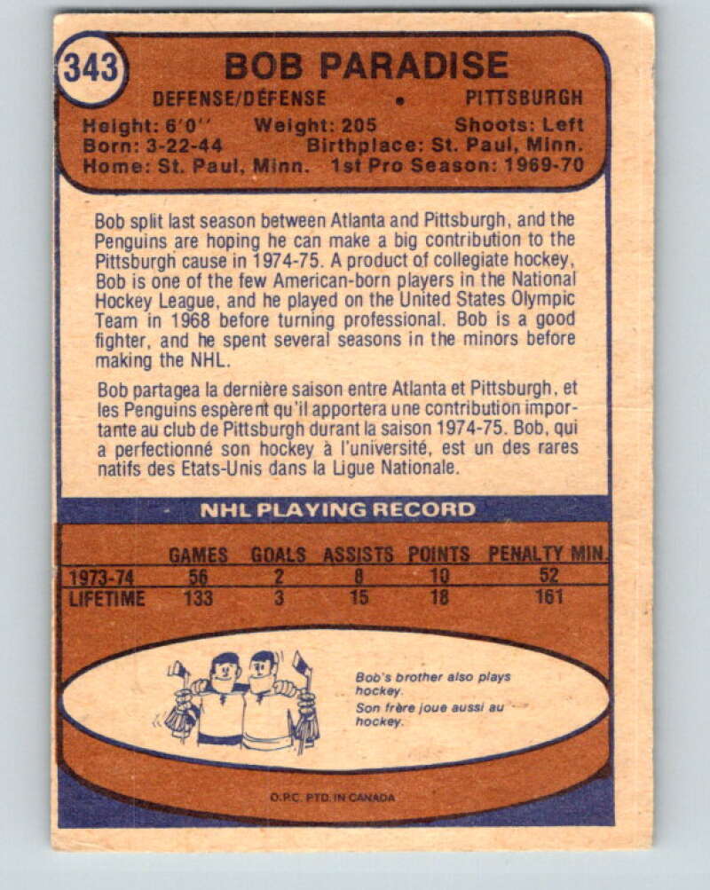 1974-75 O-Pee-Chee #343 Bob Paradise RC Rookie Pittsburgh Penguins V5027