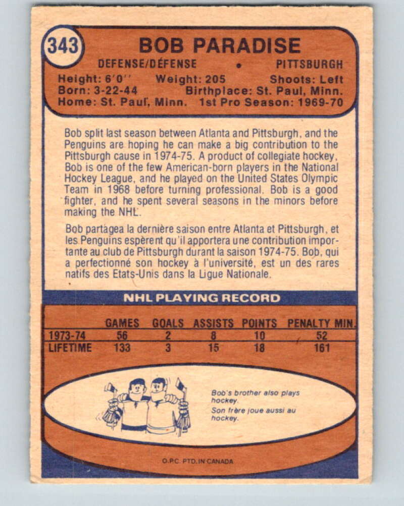 1974-75 O-Pee-Chee #343 Bob Paradise RC Rookie Pittsburgh Penguins V5028