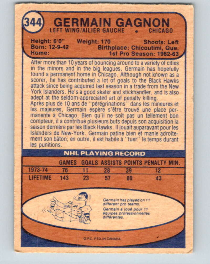 1974-75 O-Pee-Chee #344 Germain Gagnon Chicago Blackhawks V5029