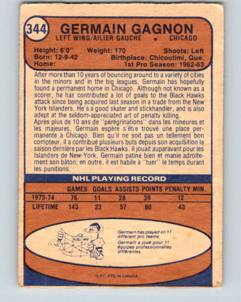1974-75 O-Pee-Chee #344 Germain Gagnon Chicago Blackhawks V5030