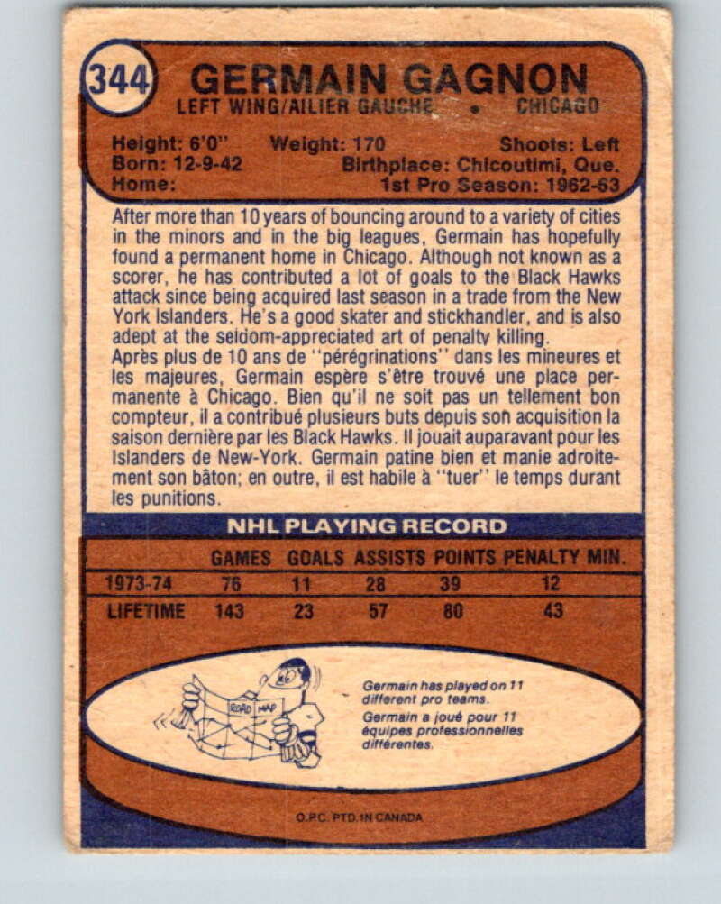 1974-75 O-Pee-Chee #344 Germain Gagnon Chicago Blackhawks V5031