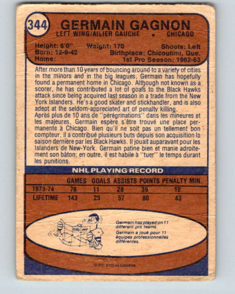1974-75 O-Pee-Chee #344 Germain Gagnon Chicago Blackhawks V5032