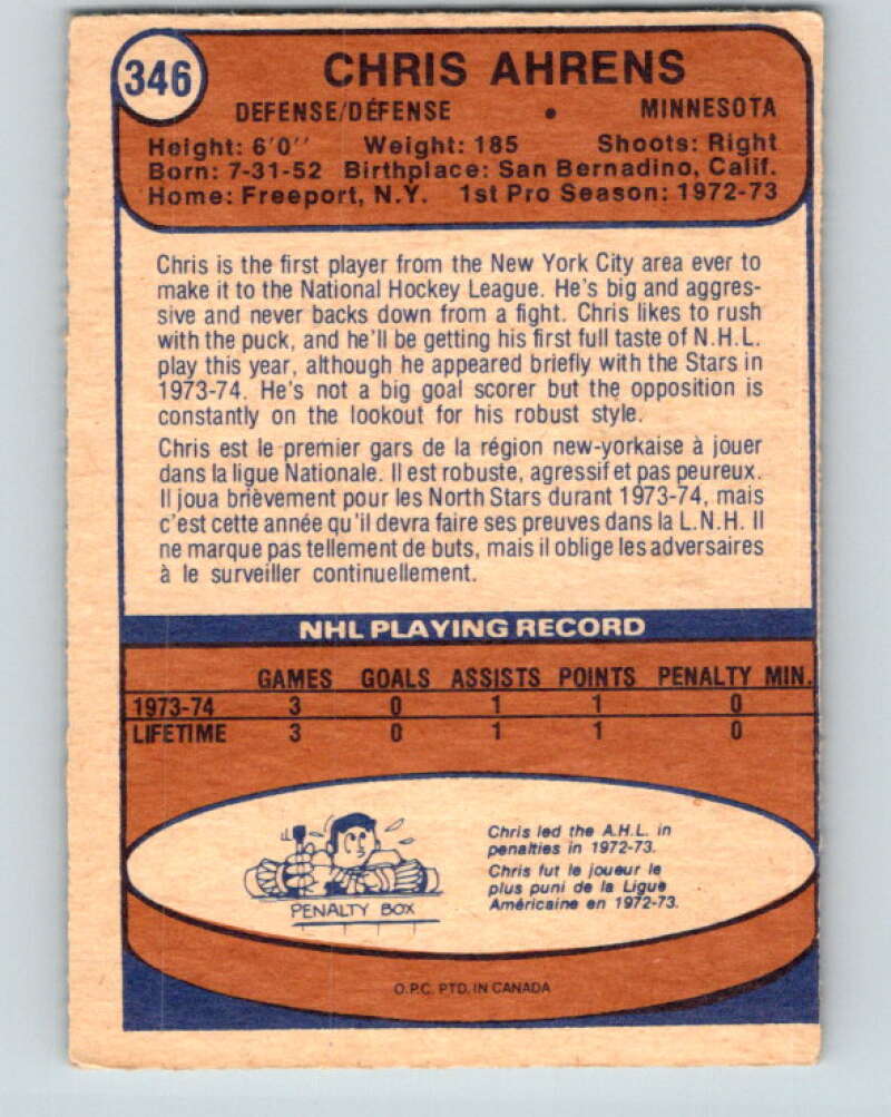 1974-75 O-Pee-Chee #346 Chris Ahrens RC Rookie Minnesota North Stars V5035