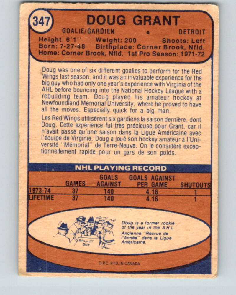 1974-75 O-Pee-Chee #347 Doug Grant RC Rookie Detroit Red Wings V5039