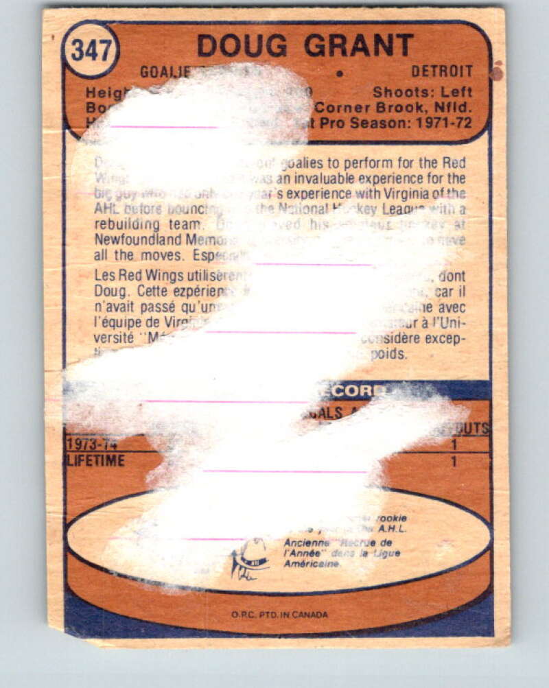 1974-75 O-Pee-Chee #347 Doug Grant RC Rookie Detroit Red Wings V5040