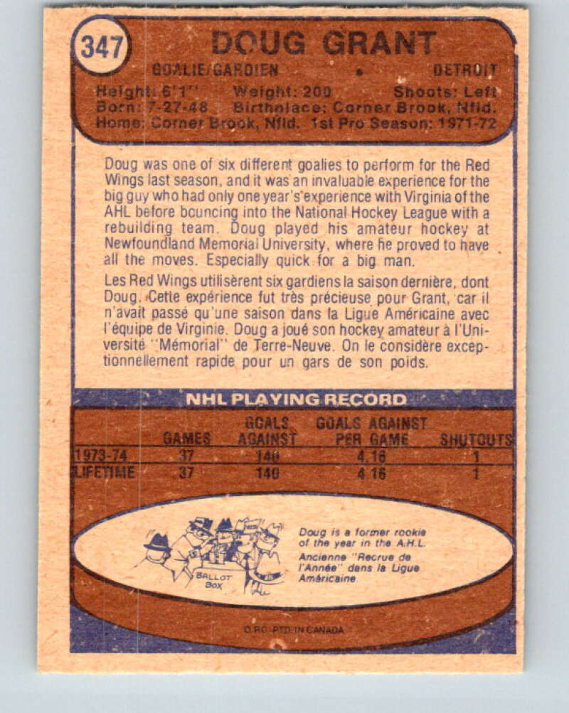 1974-75 O-Pee-Chee #347 Doug Grant RC Rookie Detroit Red Wings V5043