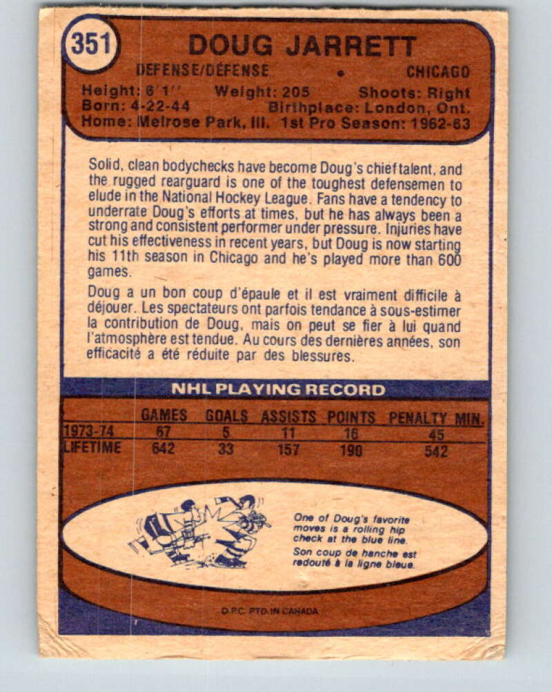 1974-75 O-Pee-Chee #351 Doug Jarrett Chicago Blackhawks V5045