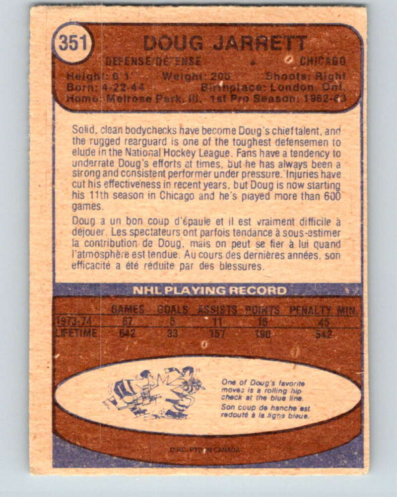 1974-75 O-Pee-Chee #351 Doug Jarrett Chicago Blackhawks V5046