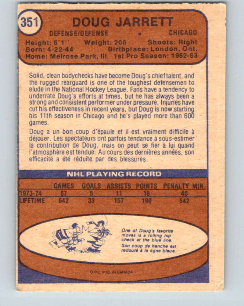 1974-75 O-Pee-Chee #351 Doug Jarrett Chicago Blackhawks V5047