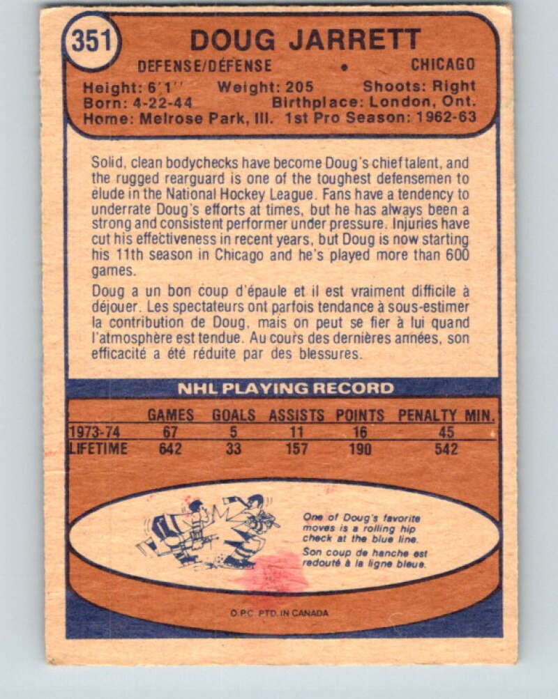1974-75 O-Pee-Chee #351 Doug Jarrett Chicago Blackhawks V5048