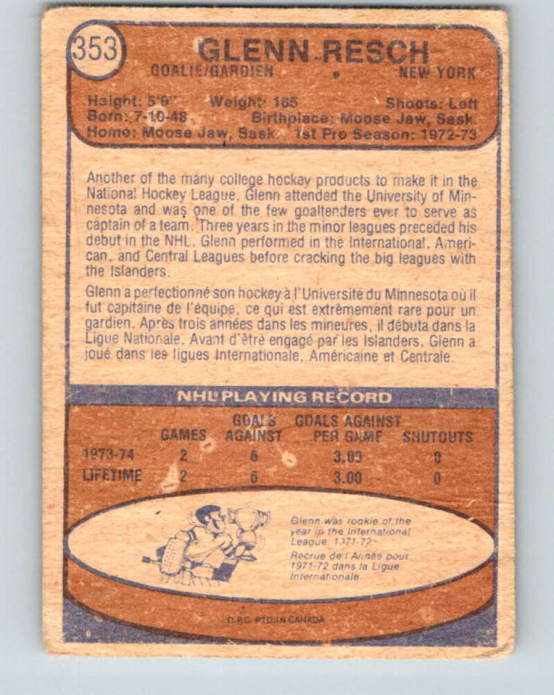 1974-75 O-Pee-Chee #353 Glenn Resch RC Rookie New York Islanders V5054