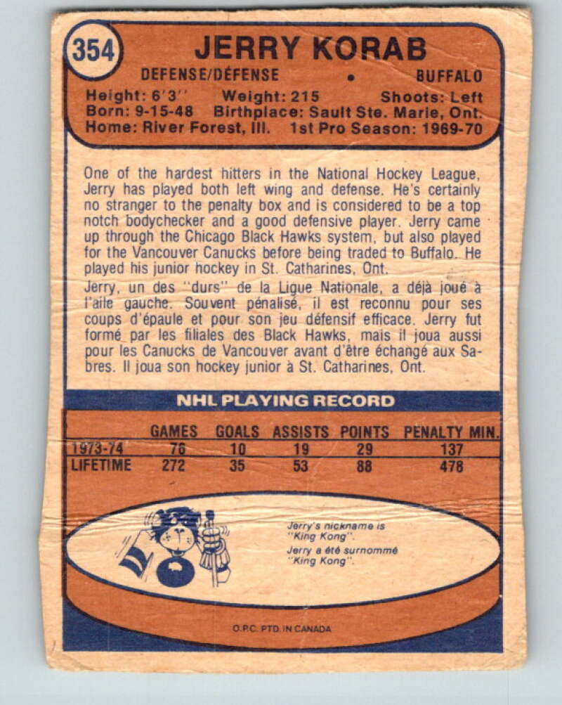 1974-75 O-Pee-Chee #354 Jerry Korab Buffalo Sabres V5055