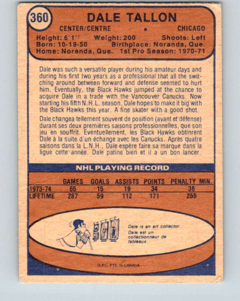 1974-75 O-Pee-Chee #360 Dale Tallon UER Chicago Blackhawks V5062