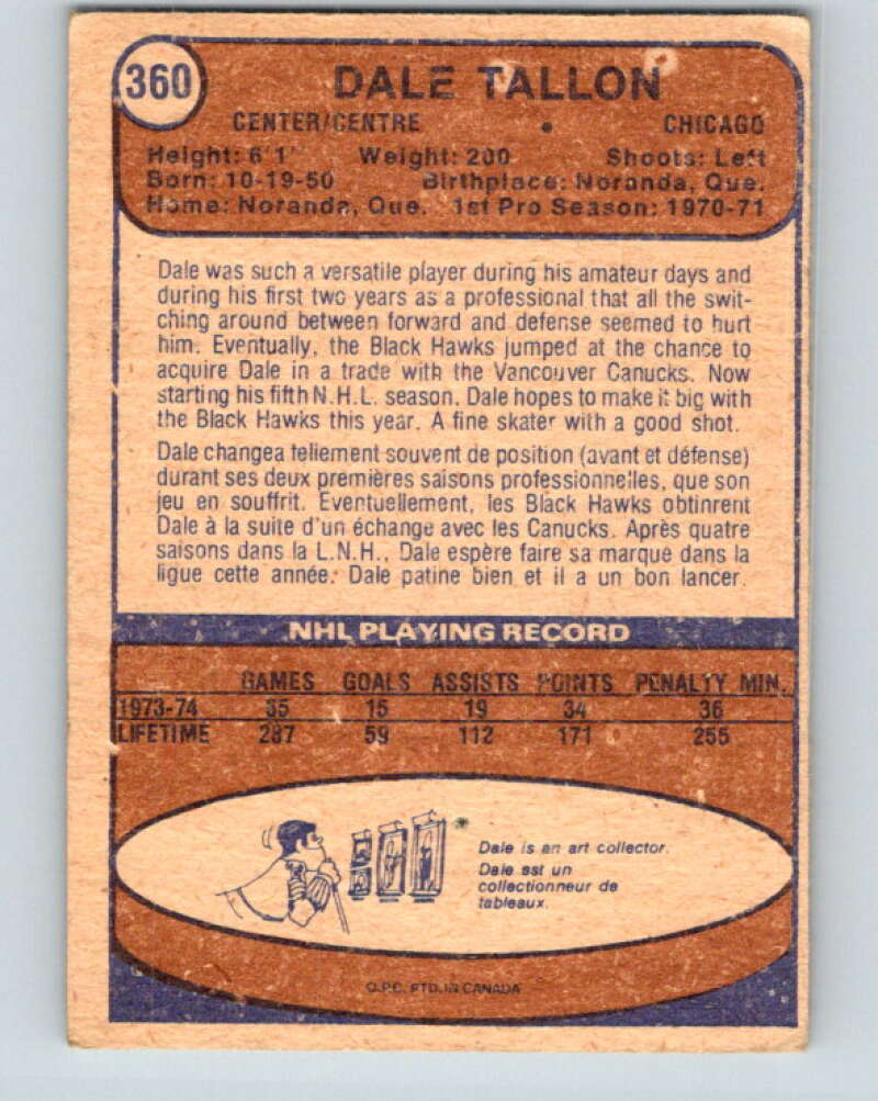 1974-75 O-Pee-Chee #360 Dale Tallon UER Chicago Blackhawks V5065