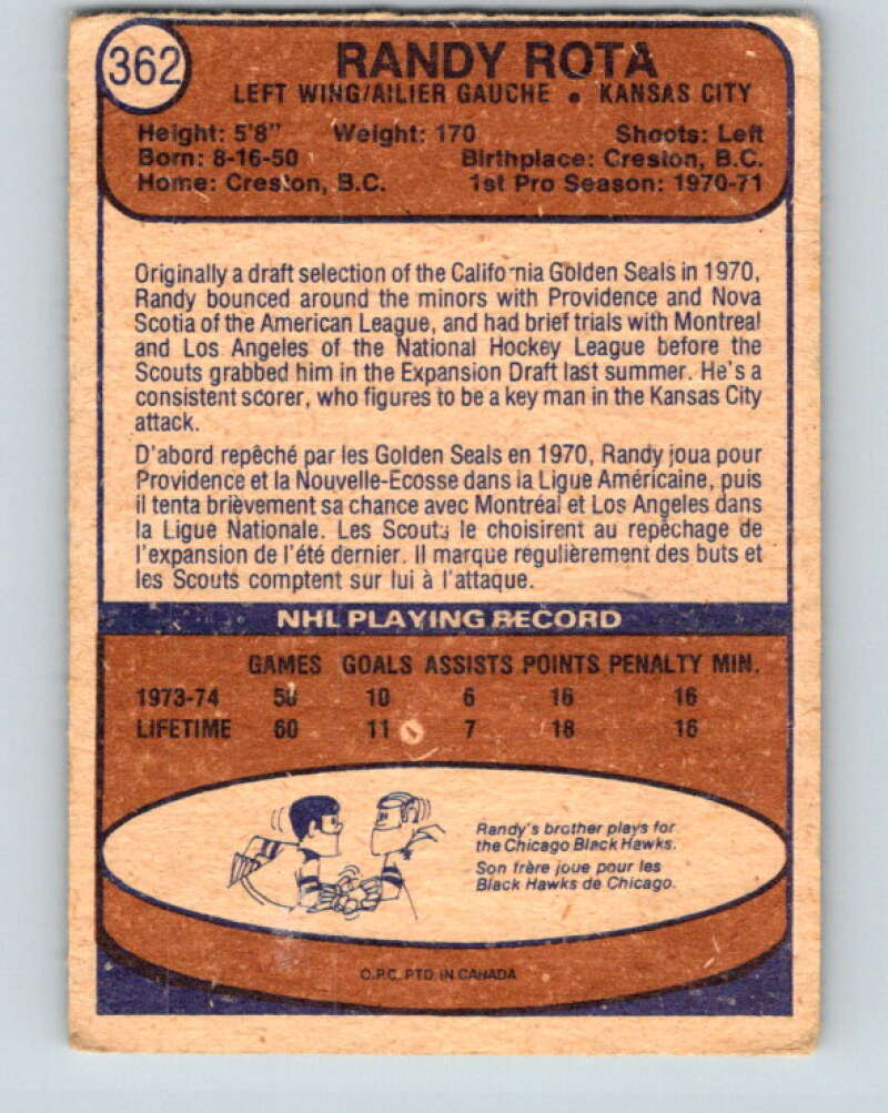1974-75 O-Pee-Chee #362 Randy Rota RC Rookie Kansas City Scouts V5069